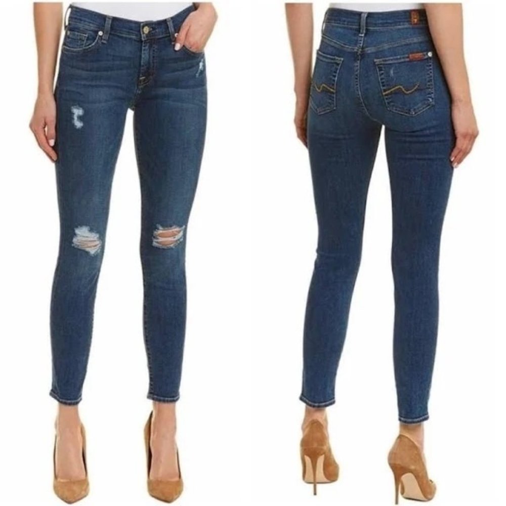7 for all mankind the ankle skinny distressed denim blue jeans high rise size 26